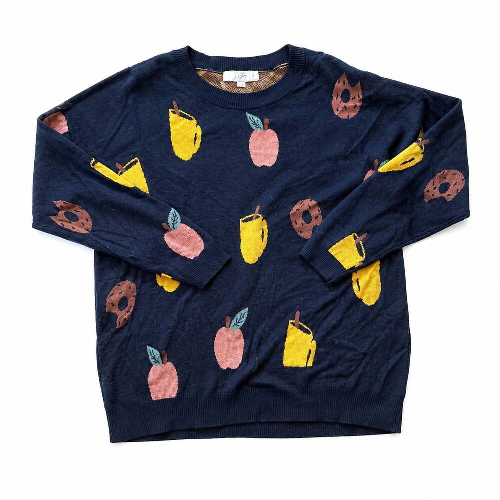 LOFT Sweater Womens Large Navy Apple Cider Donut Fall Novelty Knit Pullover